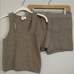 Aerie M set Sweater Knit unREAL Lounge Pajama Toasted Brown Tank Top and Shorts